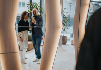 Two professionals smile for a selfie in a sleek, well-lit office lobby with warm wood tones and...