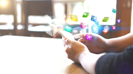 woman Using Smartphone with Digital Icons