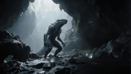 Fototapeta premium Mysterious reptilian humanoid creature standing in a dark cavern.