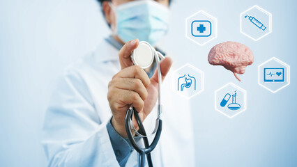 Doctor Holding Stethoscope with Global Health Icons