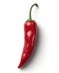 Fresh Red Chili Pepper Isolated on White Background | Single Hot Red Chilli with Green Stem, High Resolution Spicy Vegetable JPG Cutout