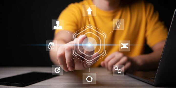 Touch-screen Interface in Focus: A person interacts with a futuristic touch-screen interface. Surrounded by holographic icons that highlight the potential of digital transformation.
