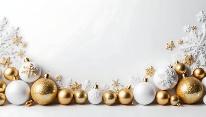 Fototapeta premium Festive arrangement of white, gold ornaments, snowflakes on a white backdrop