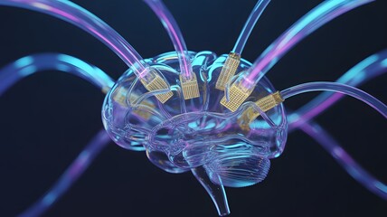 Transparent Human Brain Connected to Network Cables with Purple and Blue Light