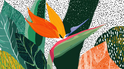 Bird of paradise flower tropical leaf abstract boho style flat vector art vibrant color modern decorative nature