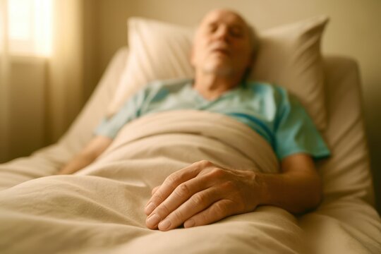 sick senior man lying in bed
