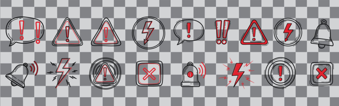 Collection of warning symbols including exclamation points lightning bolts and alert bells icons set