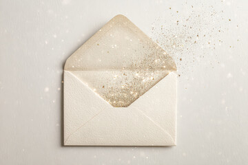 Elegant envelope with shimmering glitter spilling out, symbolizing festive Christmas celebrations