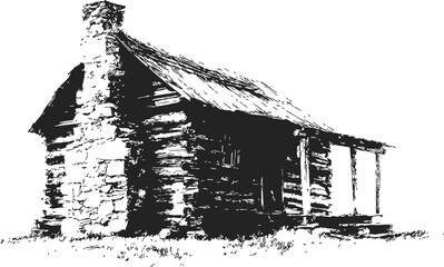 Obraz premium Log cabin sketch hand drawn rustic wooden house with stone chimney and porch. Vector illustration