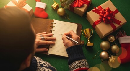 Person writing in notebook with Christmas decorations