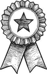 Award ribbon sketch hand drawn with star emblem and detailed rosette. Vector illustration