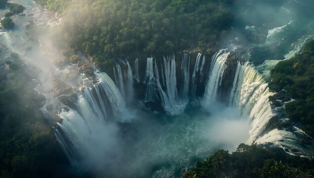 Majestic cascading waterfalls surrounded by lush green forest and mist