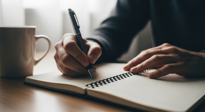 Person writing in notebook with pen and coffee