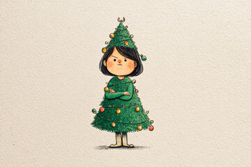 Girl dressed as Christmas tree with ornaments, celebrating holiday spirit and festive cheer