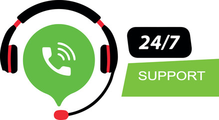 24/7 Customer Support and Service Icon with Headset and Phone