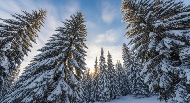 Snow covered evergreen trees winter forest landscape