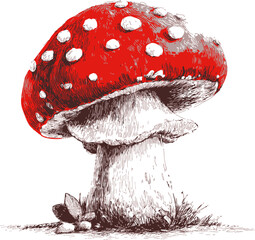 Naklejka premium Red mushroom sketch hand drawn with white spots and grass base. Vector illustration