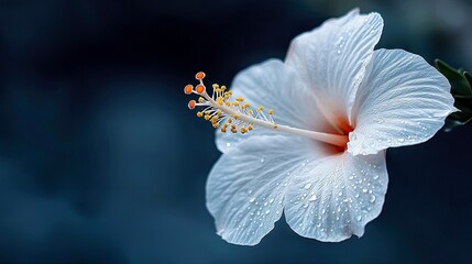 A close-up of a delicate white hibiscus flower, adorned with numerous water droplets, set against a dark, blurred blue background, creating a serene and elegant