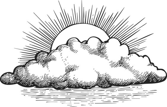 Sun partially hidden behind cloud, sketch hand drawn style, sunrise scene over water. Vector illustration