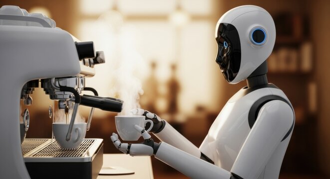 Robot barista making coffee in a cafe