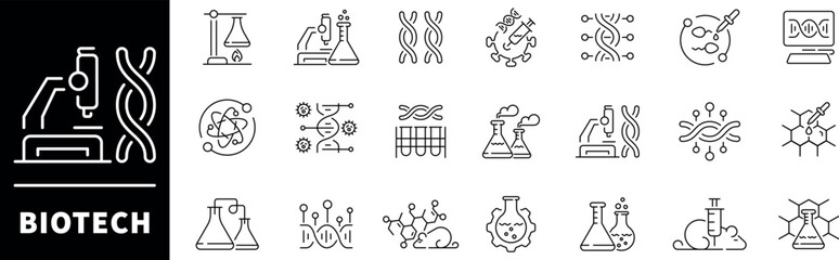 Biotech vector icons collection. Thin line icons related to Biotechnology and genetic engineering. Biotechnology and DNA vector icons in line style