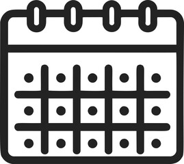 Calendar icon sketch, hand drawn line art with spiral rings and date grid. Vector illustration