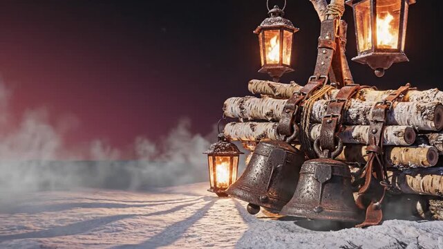 Krampus bells, birch sticks bundle, leather textures, glowing lanterns casting shadows