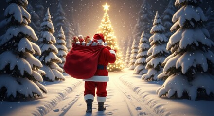 Santa Claus walking through snowy forest towards Christmas tree
