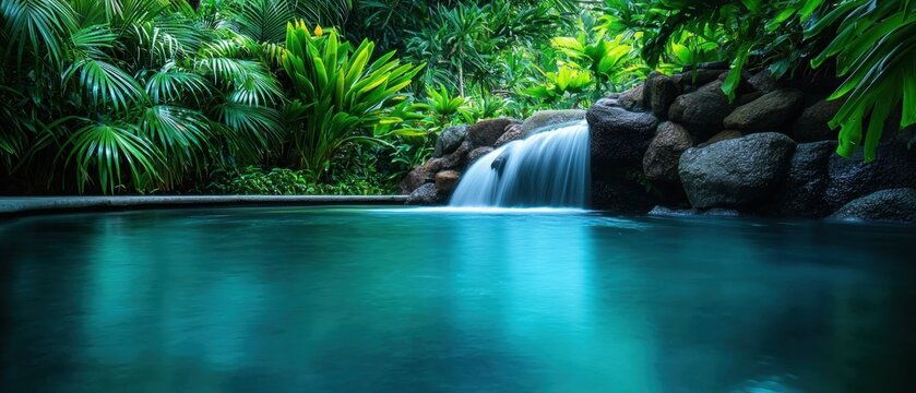 Lush Tropical Oasis with Cascading Waterfall and Turquoise Pool