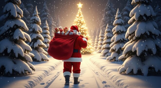 Santa Claus walking through snowy forest towards Christmas tree
