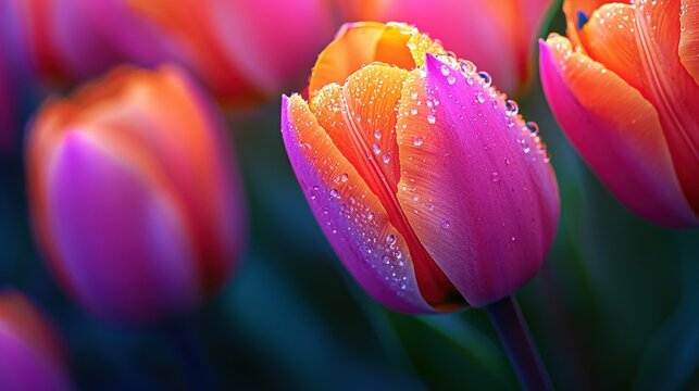 Close-up of a Beautiful Bi-color Tulip Covered in Dew Drops