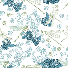 Fashion vector floral pattern with blue dragonflies and flowers, toile de jouy seamless print style