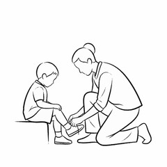 Mother helping her young son tie his shoelaces.