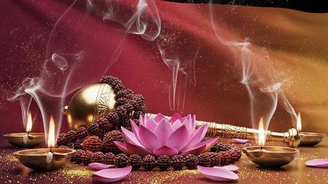 hanuman jayanti banner video, sacred prayer beads (rudraksha), mace, and lotus arranged gracefully, floating oil lamps flickering
