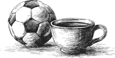 Soccer ball and coffee cup sketch, hand drawn style, detailed line art composition. Vector illustration