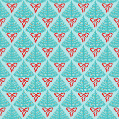 Retro Christmas fir tree preppy coquette bows winter holiday vintage seamless pattern wrap, textile