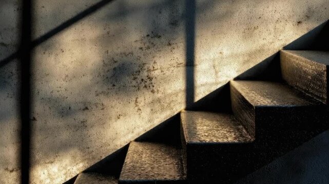 Metal staircase with diamond-plate steps, lit from the side, casting diagonal shadows on a worn wall.