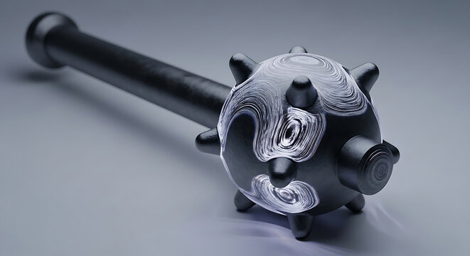 Fantasy weapon mace of futuristic design with swirling white patterns and metallic handle