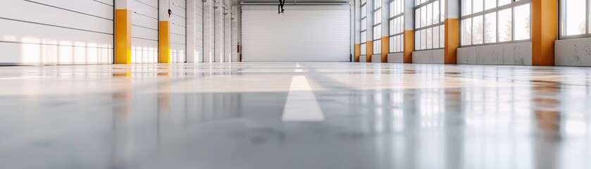 Fototapeta premium Empty car maintenance garage featuring a single vehicle lift under high ceilings. The space is well-lit with large windows, providing a clean environment for auto work
