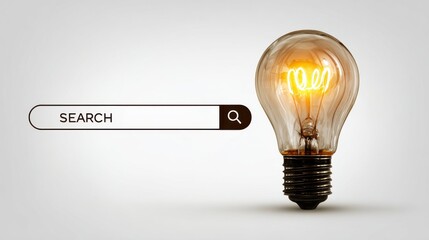 Light bulb illuminated beside a search bar offers a creative concept for ideas and inspiration