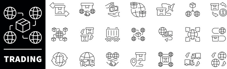 Trading vector icons collection. Thin line icons related to exports and imports. International trading vector icons in line style