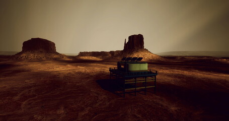 A futuristic habitat sits on the red Martian terrain, surrounded by iconic rocky outcrops under a hazy sky. Solar panels capture sunlight in this desolate environment.