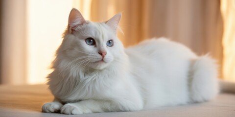 Elegant White Cat's Serene Pose: A gorgeous white cat with captivating blue eyes, embodies tranquility as it relaxes, its fluffy fur illuminated by gentle light.
