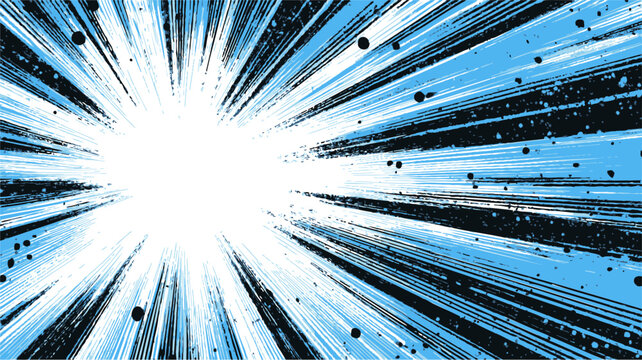 Comic explosion sketch, hand drawn burst with dynamic black and blue radial lines. Vector illustration