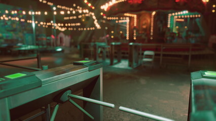 The amusement park stands silent under the night sky, with colorful lights glowing from the rides....