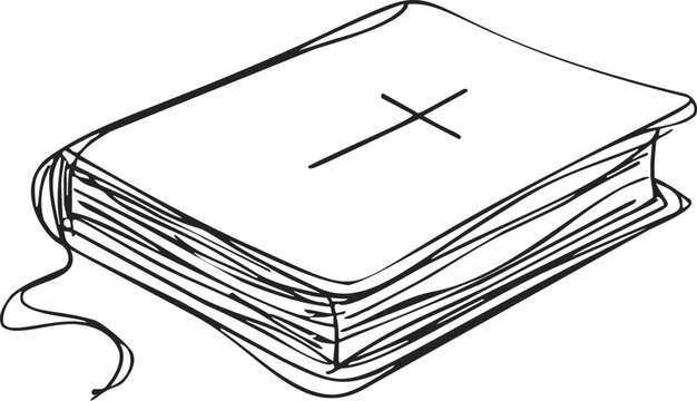 Bible sketch hand drawn with cross on cover and ribbon bookmark. Vector illustration