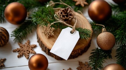 A white tag is hanging from a pine tree next to a wooden log. The tag is empty and the pine tree is surrounded by a variety of Christmas decorations, including a large number of gold