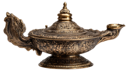 Antique ornate brass oil lamp with intricate engraved patterns and decorative handle in classic vintage Middle Eastern style isolated on black background