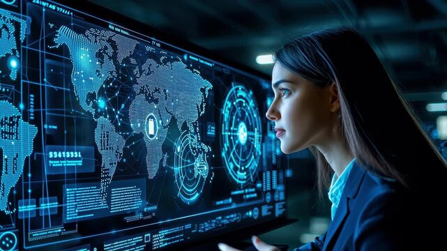Futuristic cybersecurity analyst digital world map data visualization cyber defense network monitoring blue neon technology touchscreen interface - Powered by Adobe