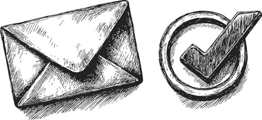 Envelope sketch with check mark hand drawn in black and white style. Vector illustration